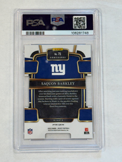 2023 Panini Select Saquon Barkley Zebra Prizm Die-Cut #75 – PSA 10